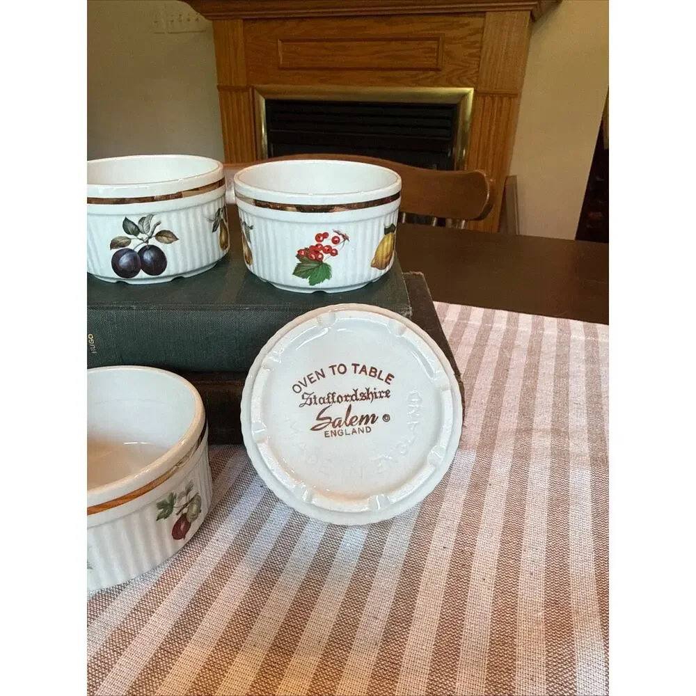 Set of 4 Ramekins, Staffordshire Salem England, Fruit and Gold around Rim Design